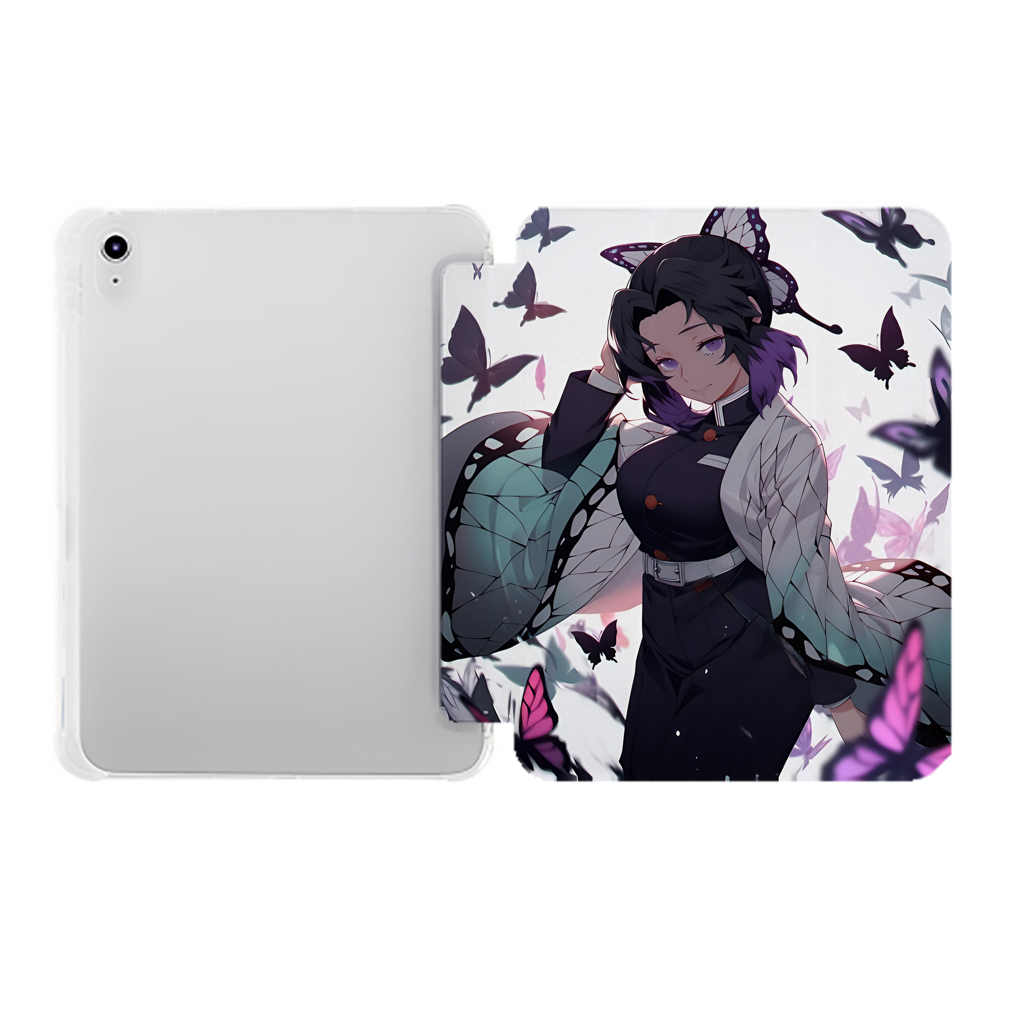 （画像用） 鬼滅の刃（きめつのやいば）蟲柱-胡蝶 しのぶ／こちょう しのぶ Kochou Shinobu IPad ケース ペン収納付き 三つ折りスタンド PUレザー×シリコン 対応機種9.5/10.5/10.9インチ